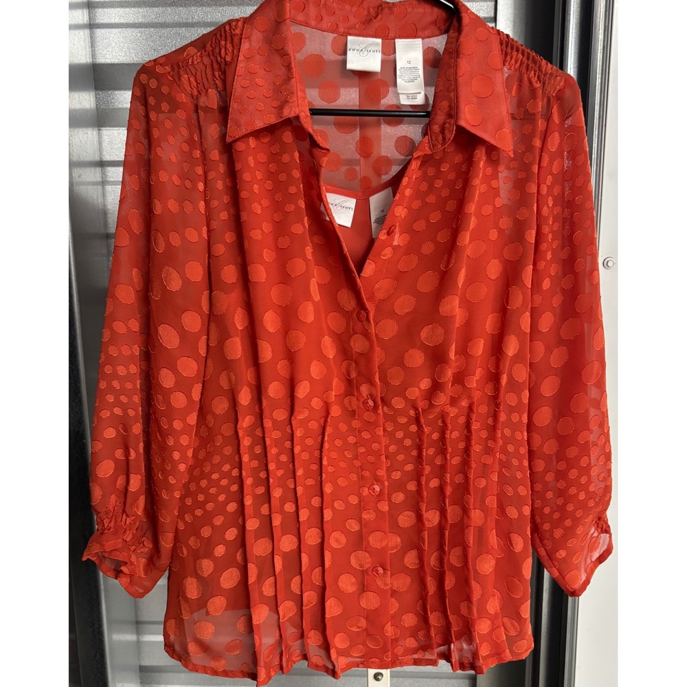 Emma James Orange Polka Dot Burnout Pintuck Blouse Size 12
